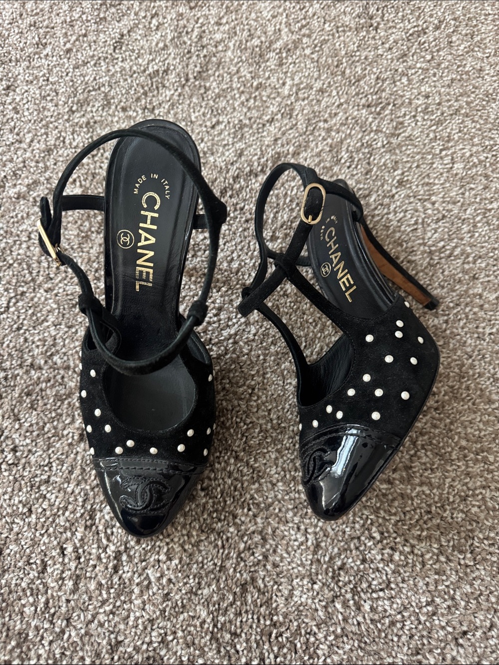 CHANEL Black Pearl-Studded Slingback Pumps